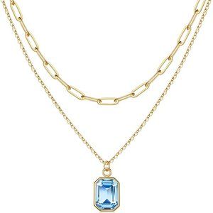 Women, Real Gold Plated Birthstone Necklace for Women Layered Paperclip Chain
